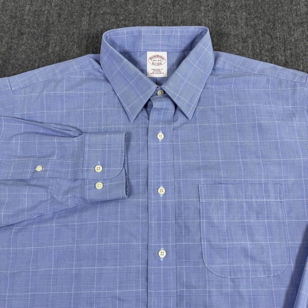 Brooks Brothers Mens 16.5 34/35 Traditional Fit Non Iron Blue Plaid Shirt